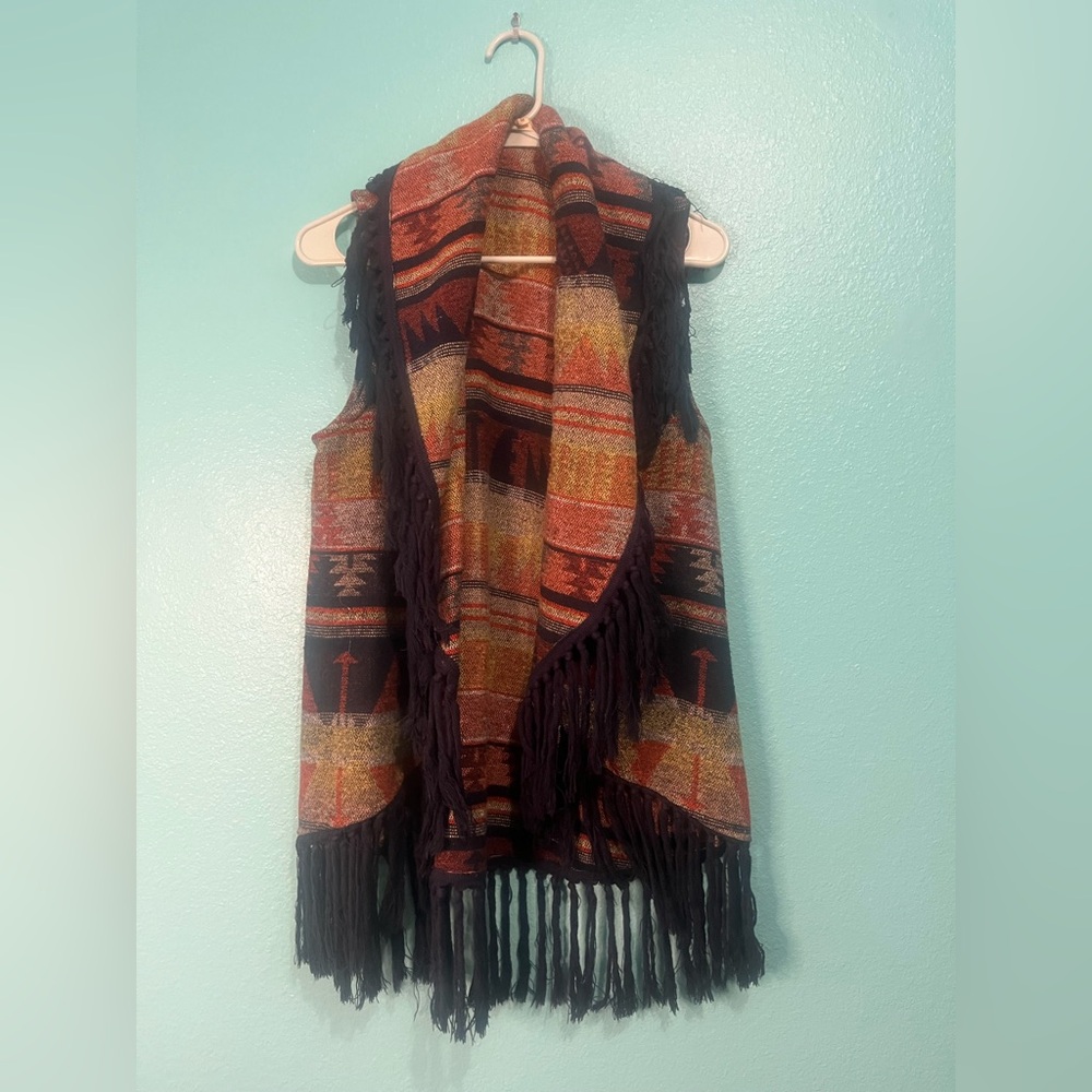 Boho Fringe Aztec Pattern Vest in Rust and Black